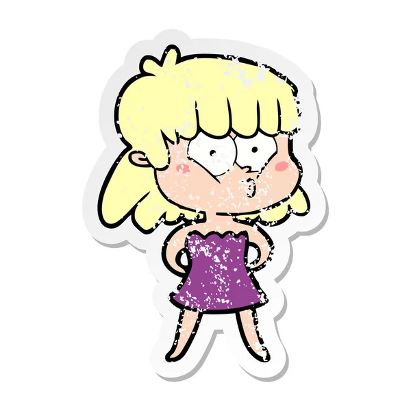 Verontruste Sticker Van Een Cartoon Meisje Fluiten — Stockvector