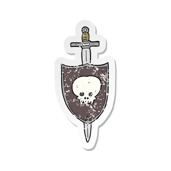 Etiqueta angustiada retro de uma espada e um escudo dos desenhos animados — Vetor de Stock