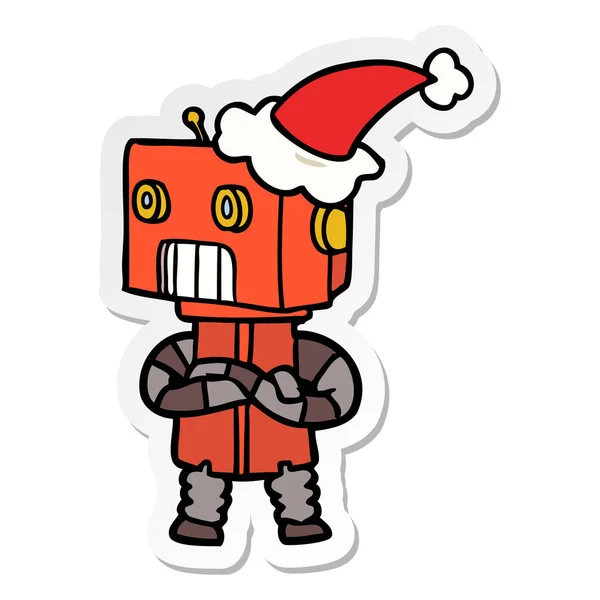 Handgezeichnete Sticker Karikatur Eines Roboters Mit Weihnachtsmütze — Stockvektor