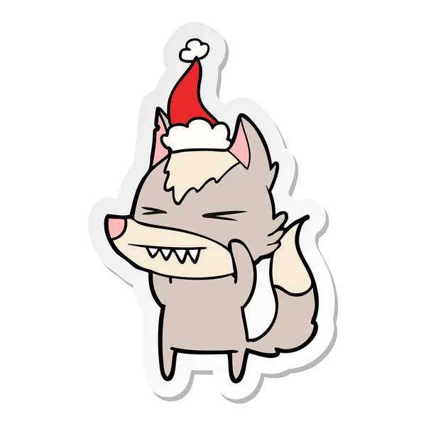 Boze Wolf Hand Getekend Sticker Cartoon Van Een Dragen Kerstmuts — Stockvector