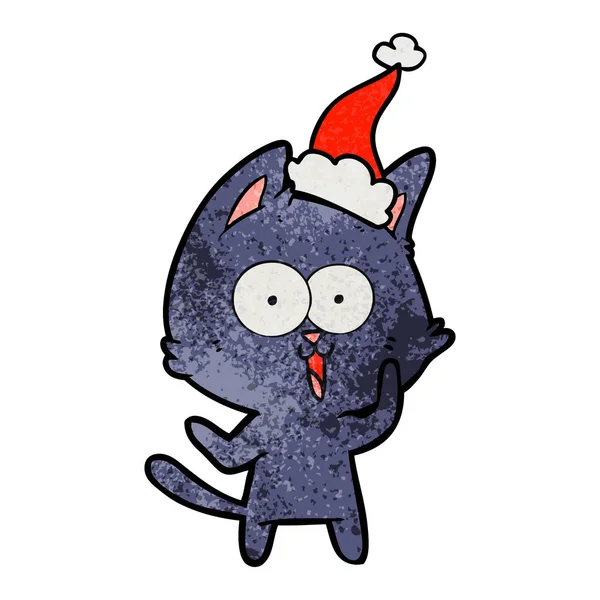 Lustige texturierte Karikatur einer Katze mit Weihnachtsmütze — Stockvektor