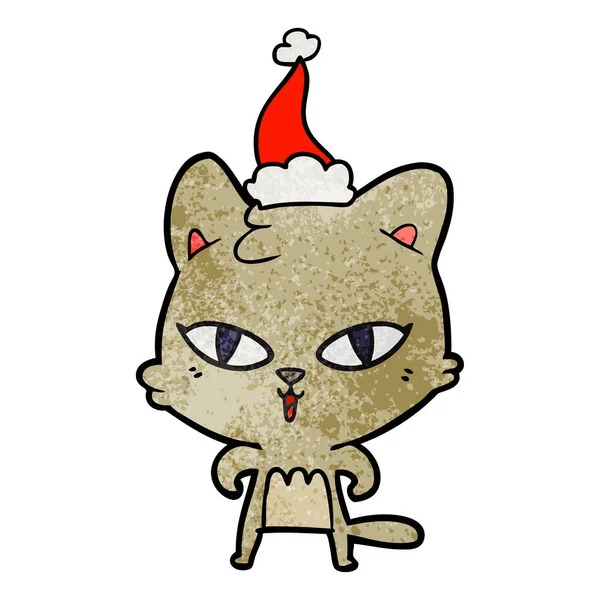 Hand Drawn Textured Cartoon Cat Wearing Santa Hat — Stock Vector