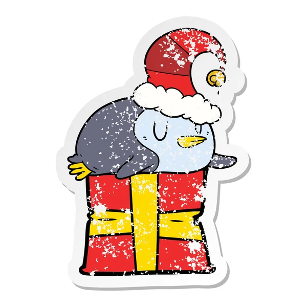 Adesivo Angosciato Pinguino Del Fumetto Che Indossa Cappello Natale — Vettoriale Stock