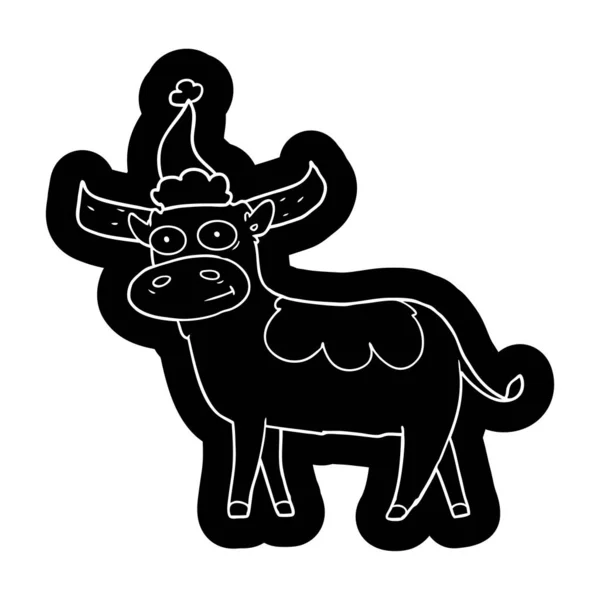 サンタの帽子を身に着けている雄牛の風変わりな漫画アイコン — ストックベクタ