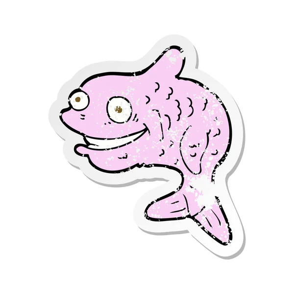 Ретро стресова наклейка мультфільму щаслива риба — стоковий вектор