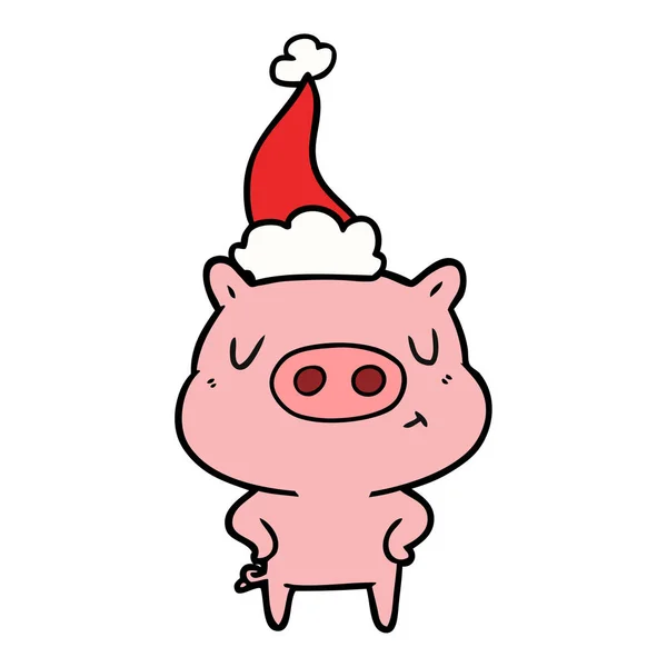 Handgezeichnete Linienzeichnung Eines Zufriedenen Schweins Mit Weihnachtsmütze — Stockvektor