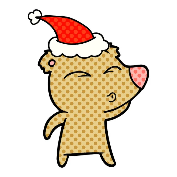 Handgezeichnete Illustration Eines Pfeifenden Bären Mit Weihnachtsmütze Comic Stil — Stockvektor