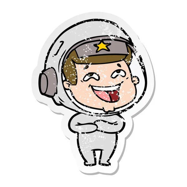 Distressed Sticker Cartoon Laughing Astronaut — Stock Vector