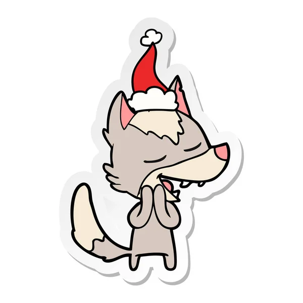 Aufkleber Karikatur eines lachenden Wolfes mit Weihnachtsmütze — Stockvektor