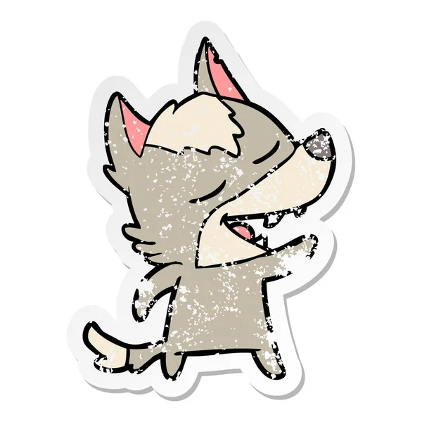 Distressed Sticker Cartoon Wolf Laughing — Stock Vector
