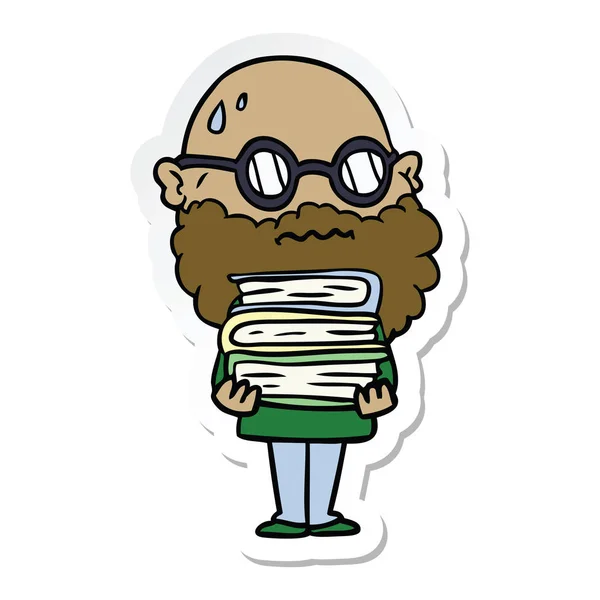 Pegatina Hombre Preocupado Dibujos Animados Con Barba Pila Libros — Vector de stock