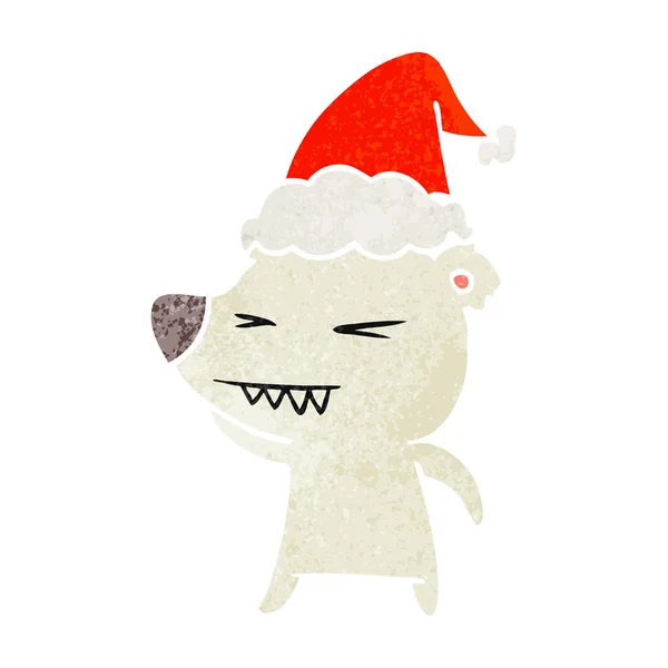 Angry Polar Bear Hand Drawn Retro Cartoon Wearing Santa Hat — Stock Vector