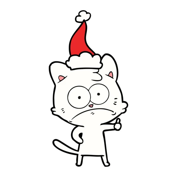 Disegno Disegnato Mano Gatto Nervoso Che Indossa Cappello Babbo Natale — Vettoriale Stock