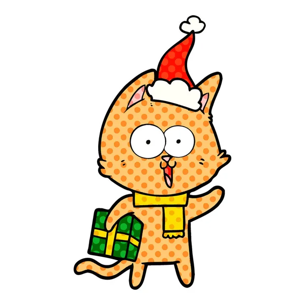 çizgi roman tarzı illüstrasyon Noel Baba şapkası giyen bir kedinin komik el çekilmiş
