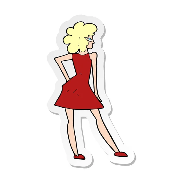 漫画女性がドレスを着てポーズのステッカー — ストックベクタ