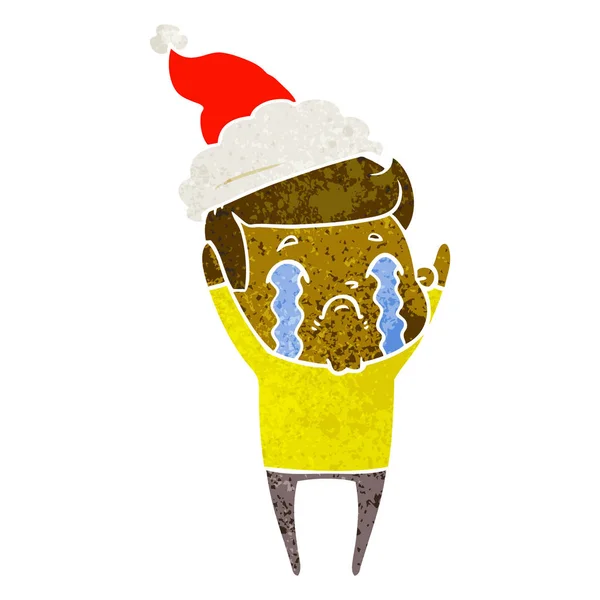 Retro-Karikatur eines weinenden Mannes mit Weihnachtsmütze — Stockvektor