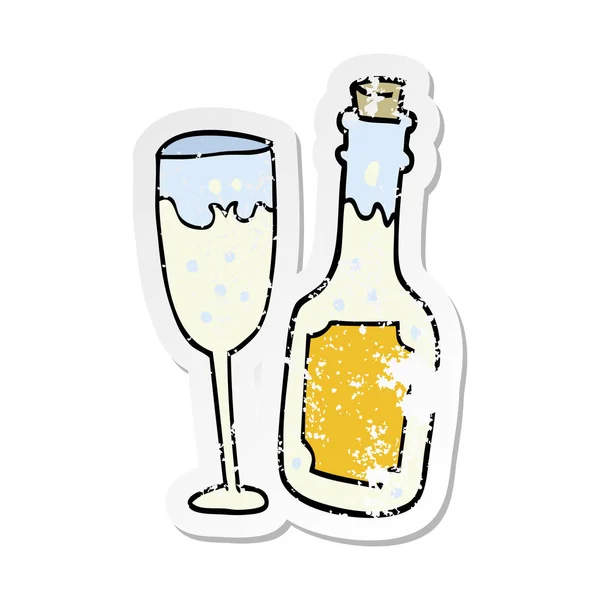 Distressed Sticker Cartoon Champagne Bottle Glass — Stock Vector