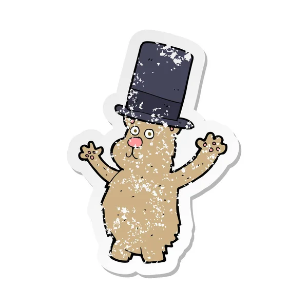 Retro Distressed Sticker Cartoon Bear Top Hat — Stock Vector
