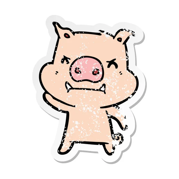 Distressed Sticker Angry Cartoon Pig — Stock Vector