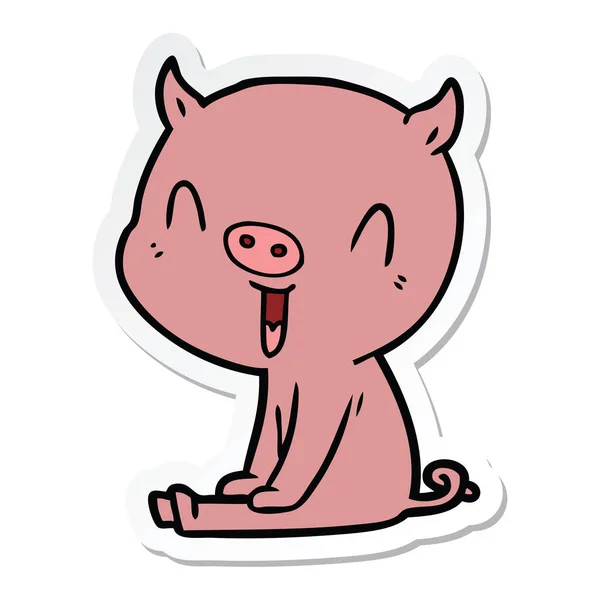 Autocollant d'un cochon de dessin animé heureux assis — Image vectorielle