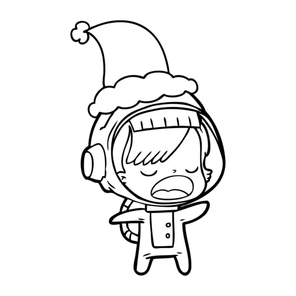 Line drawing of a talking astronaut woman wearing santa hat — Stock Vector