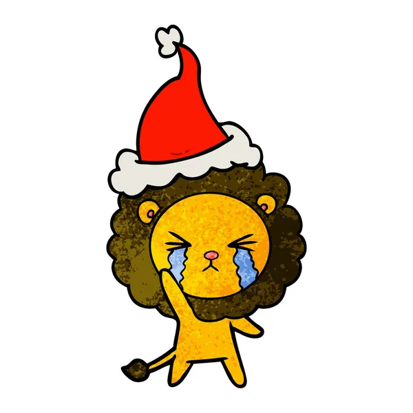 Textured cartoon of a crying lion wearing santa hat — Stock Vector