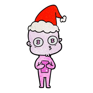 Noel Baba şapkası giyen garip kel uzaylı dokulu karikatür el çekilmiş