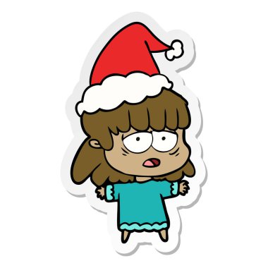 Noel Baba şapkası giyen bir yorgun kadın etiket karikatür