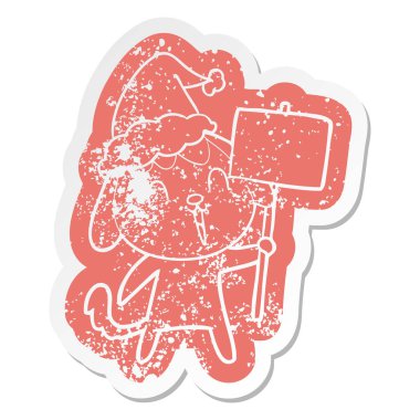 sevimli ilginç çizgi Noel Baba şapkası giyen bir köpek etiket sıkıntılı