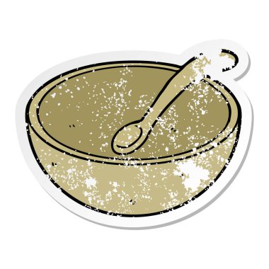 bir çizgi film ahşap kase ve kaşık sıkıntılı etiket