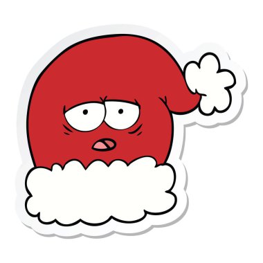 etiket bir karikatür Noel Noel Baba şapkası ile yorgun yüz
