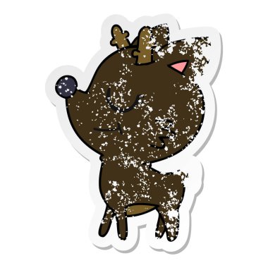 FreeHand şirin kırmızı burunlu Ren geyiği sıkıntılı etiket karikatür çizilmiş