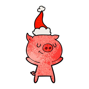 mutlu el domuz Noel Baba şapkası giyen bir dokulu çizgi film çekilmiş