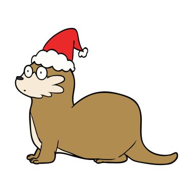 Noel Baba şapkası giyen bir su samuru, çizgi çizme