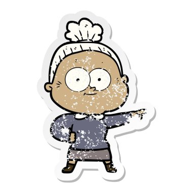 bir karikatür mutlu yaşlı kadının sıkıntılı etiket