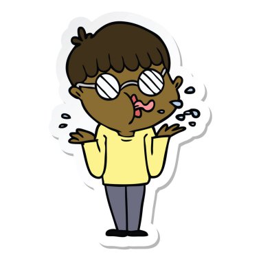 etiket omuzlarında shrugging gözlük takan bir çizgi film çocuk