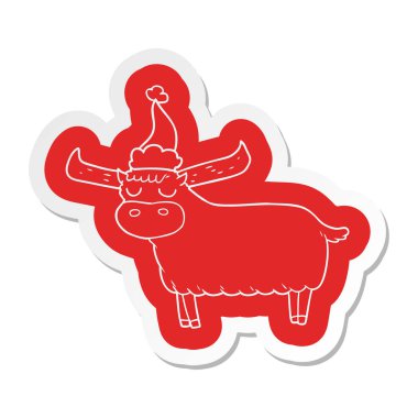 Noel Baba şapkası giyen boğa ilginç çizgi film etiketi