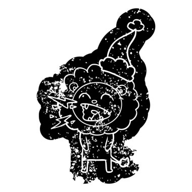 Noel Baba şapkası giyen kükreyen aslan ilginç karikatür sıkıntılı simgesi