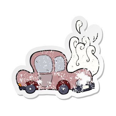 Retro sıkıntılı etiket aşağı kırık bir araba Karikatür 