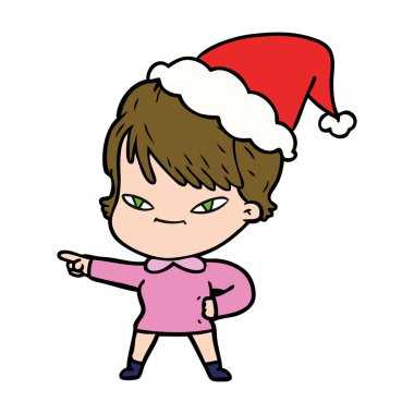 çizim için Noel Baba şapkası giyen mutlu bir kadının el çekilmiş