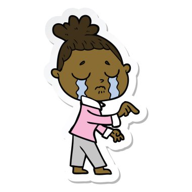 etiket işaret eden bir çizgi film ağlayan kadın