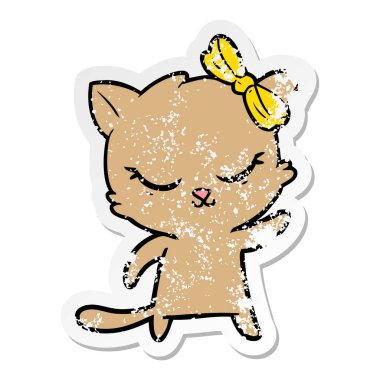 sevimli çizgi kedi yay ile sıkıntılı etiket