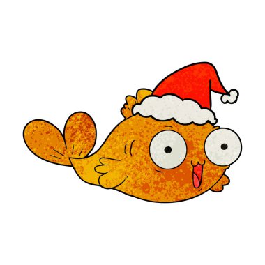 Mutlu Akvaryum balığı dokulu karikatür giyen Noel Baba şapkası