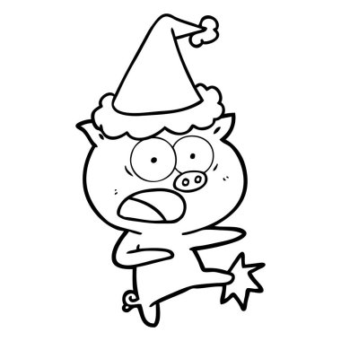 domuz bağırarak ve giyen Noel Baba şapkası tekme bir çizim için el çekilmiş