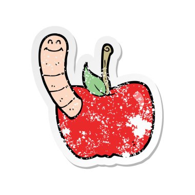 bir çizgi film Apple ile solucan Retro sıkıntılı etiket