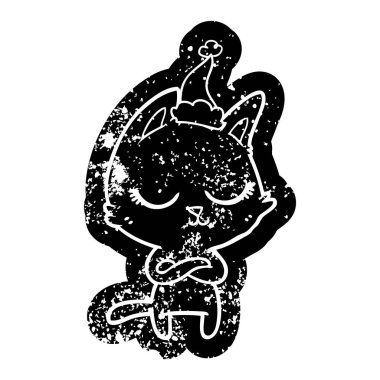 Sakin ilginç çizgi film simgesi Noel Baba şapkası giyen bir kedi sıkıntılı