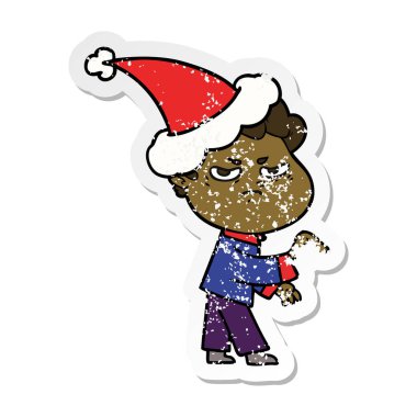 Noel Baba şapkası giyen bir kızgın adam sıkıntılı etiket karikatür