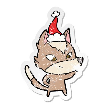 sıkıntılı etiket karikatür Noel Baba şapkası giyen bir kurt dostu el çekilmiş