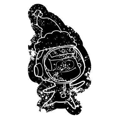 mutlu astronot karikatür giyen Noel Baba şapkası Icon sıkıntılı