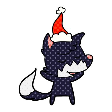 çizgi roman tarzı illüstrasyon Noel Baba şapkası giyen bir tilkinin dostu el çekilmiş